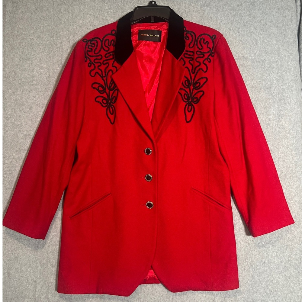 VTG Harris Wallace Red Blazer Size 14 Velvet Collar Embroidered‎ Western Jacket